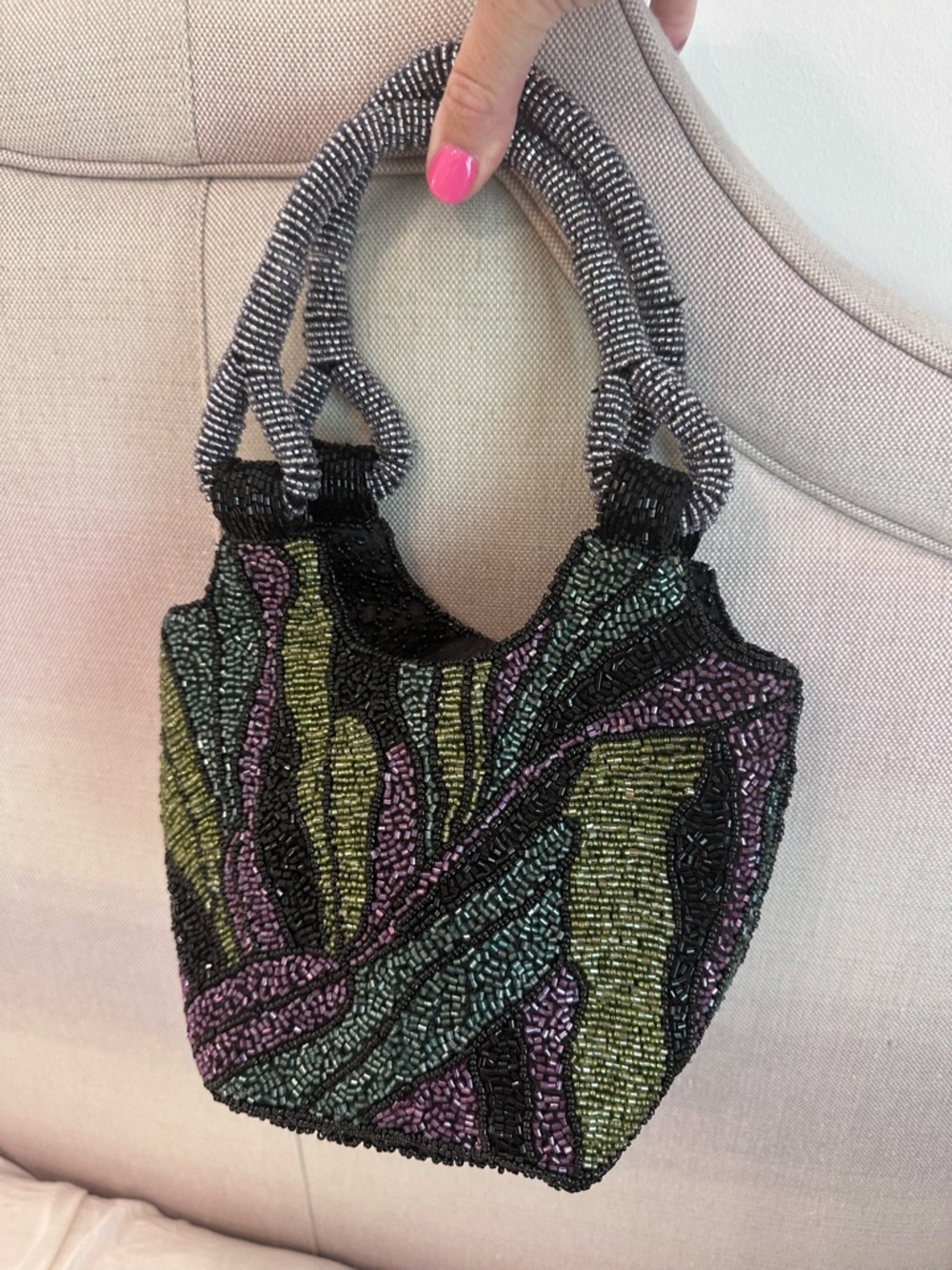 Beaded Multicolor Evening Tote - Black, Olive & Mauve